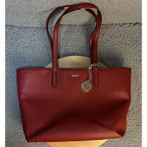 DKNY Structured Tote Shoulder Bag Womens Red Leather Logo Charm